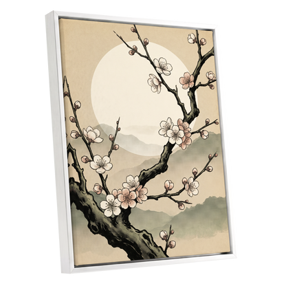 Blossom at First Light, beige, black, pink floral wall art shown as a white framed canvas wall art
