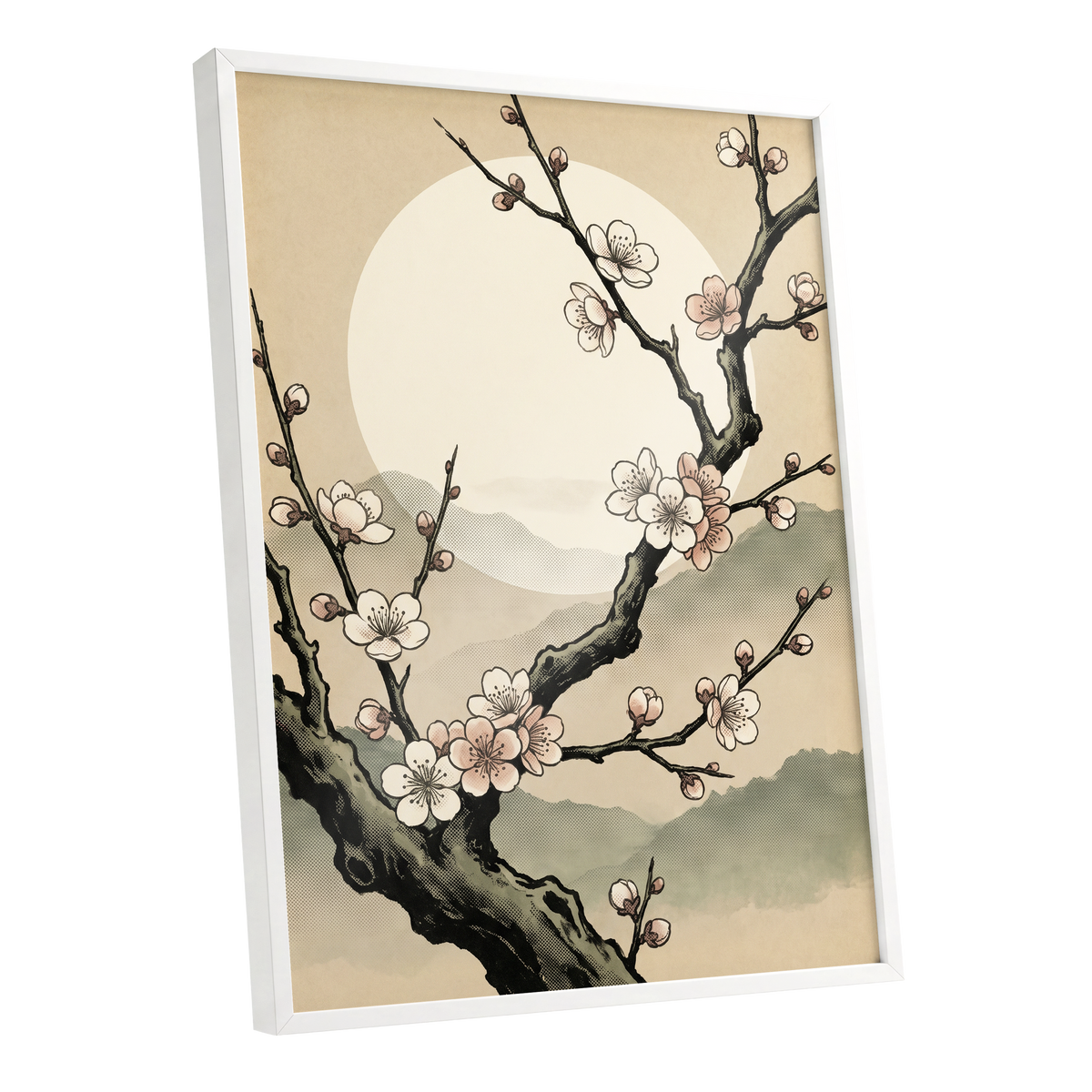Blossom at First Light, beige, black, pink floral wall art shown as a white framed poster wall art print