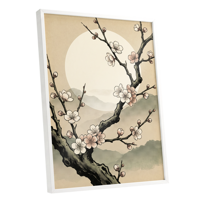 Blossom at First Light, beige, black, pink floral wall art shown as a white framed poster wall art print