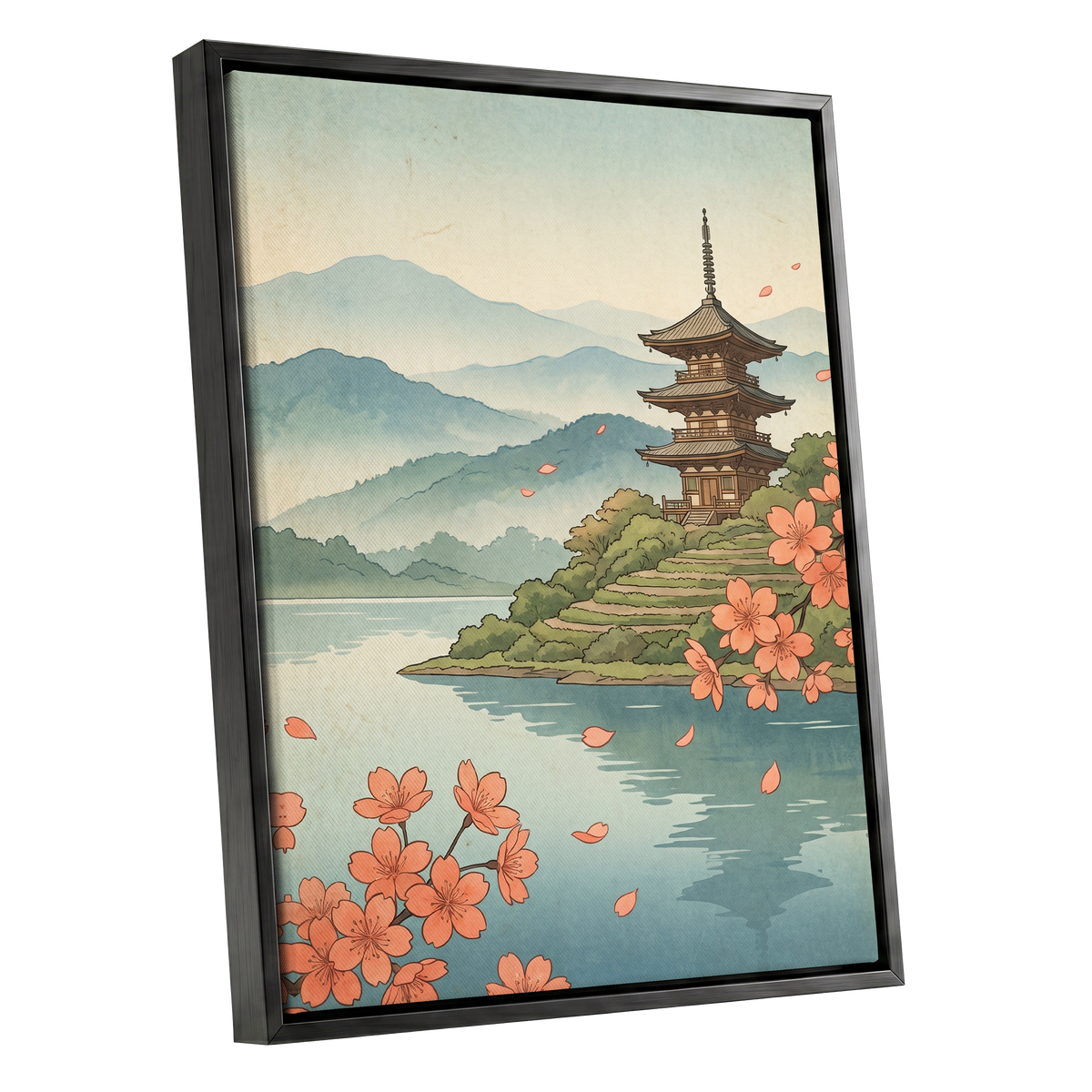 Blossom by Still Waters, blue, green, beige nature wall art shown as a black framed canvas wall art