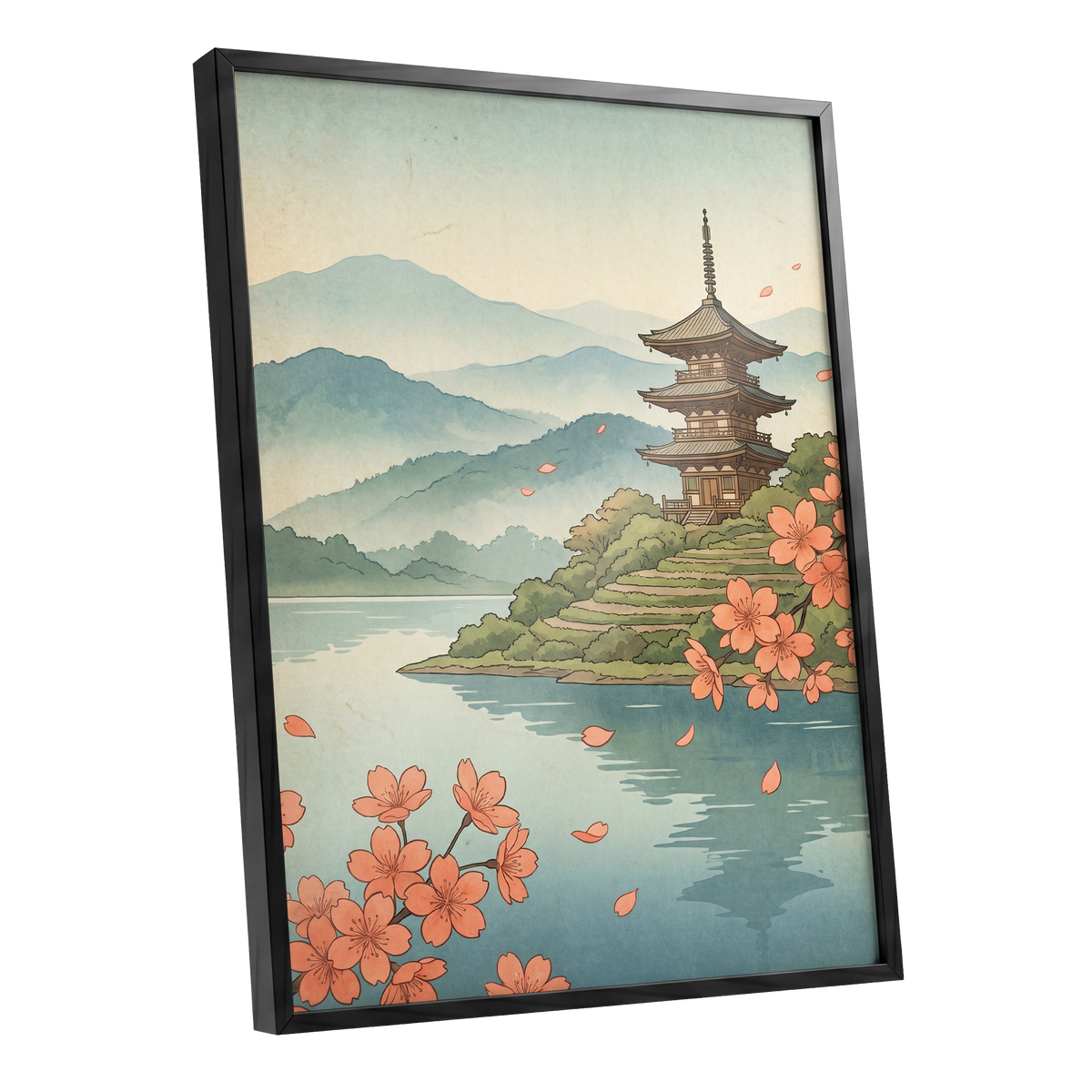 Blossom by Still Waters, blue, green, beige nature wall art shown as a black framed poster wall art print