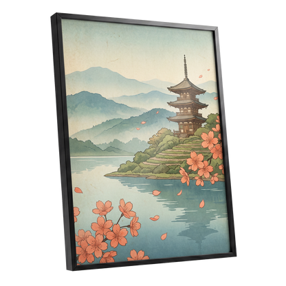 Blossom by Still Waters, blue, green, beige nature wall art shown as a black framed poster wall art print