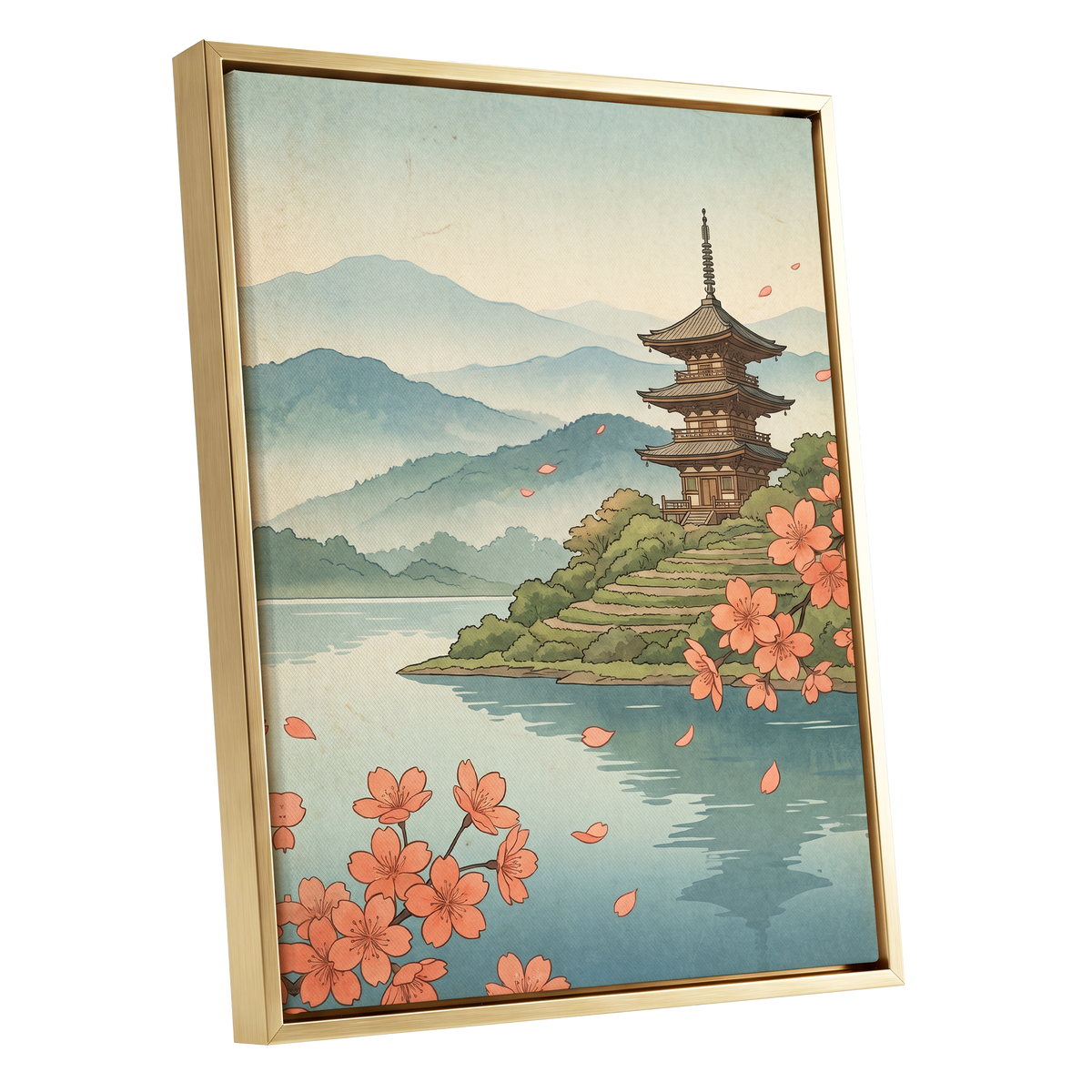 Blossom by Still Waters, blue, green, beige nature wall art shown as a gold framed canvas wall art