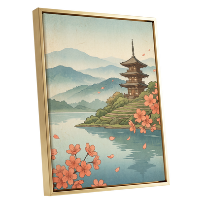 Blossom by Still Waters, blue, green, beige nature wall art shown as a gold framed canvas wall art
