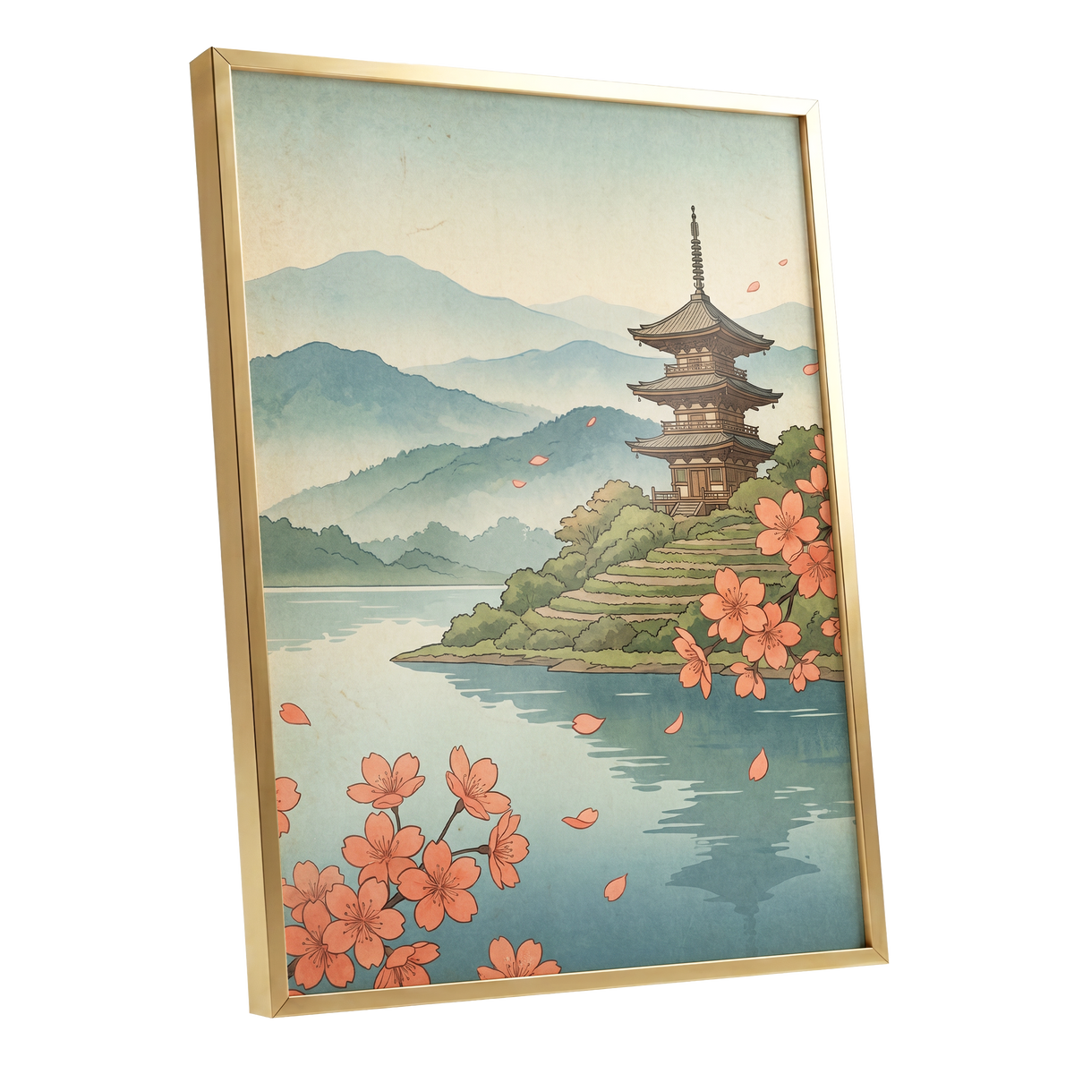 Blossom by Still Waters, blue, green, beige nature wall art shown as a gold framed poster wall art print