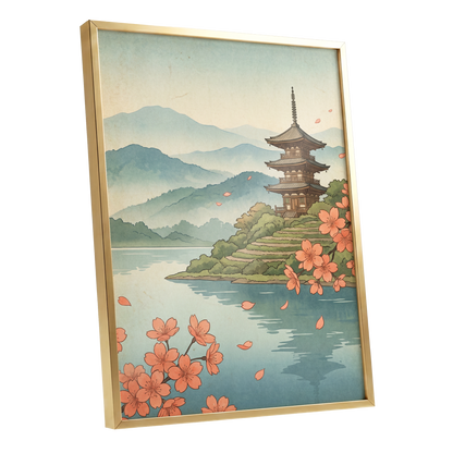 Blossom by Still Waters, blue, green, beige nature wall art shown as a gold framed poster wall art print