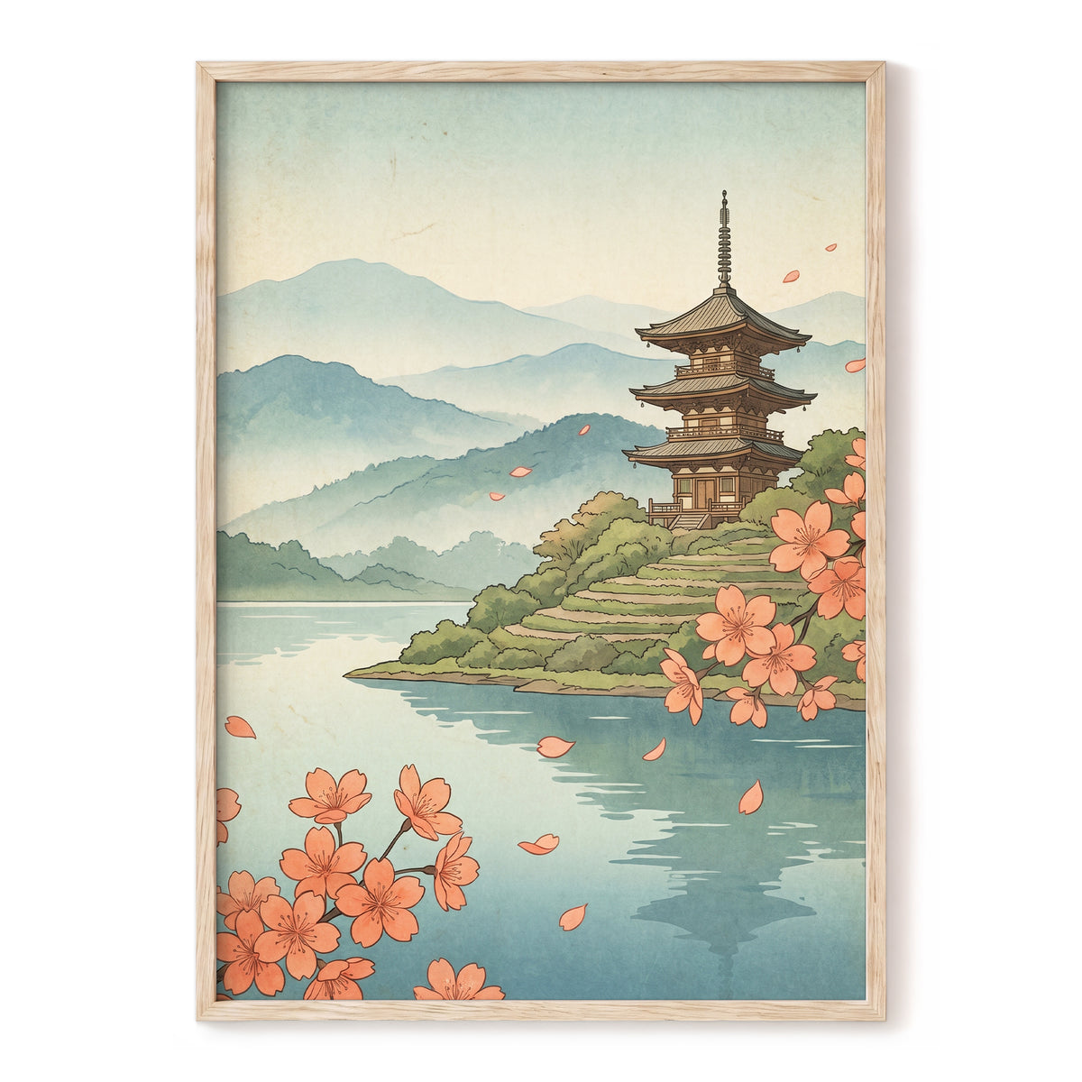 Blossom by Still Waters, blue, green, beige nature wall art, front artwork view