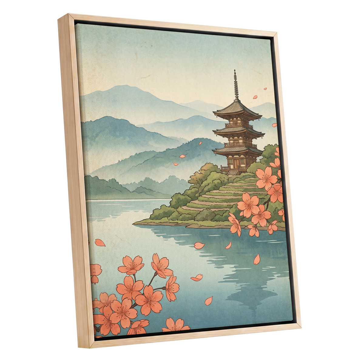 Blossom by Still Waters, blue, green, beige nature wall art shown as a oak framed canvas wall art