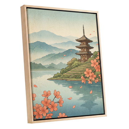 Blossom by Still Waters, blue, green, beige nature wall art shown as a oak framed canvas wall art