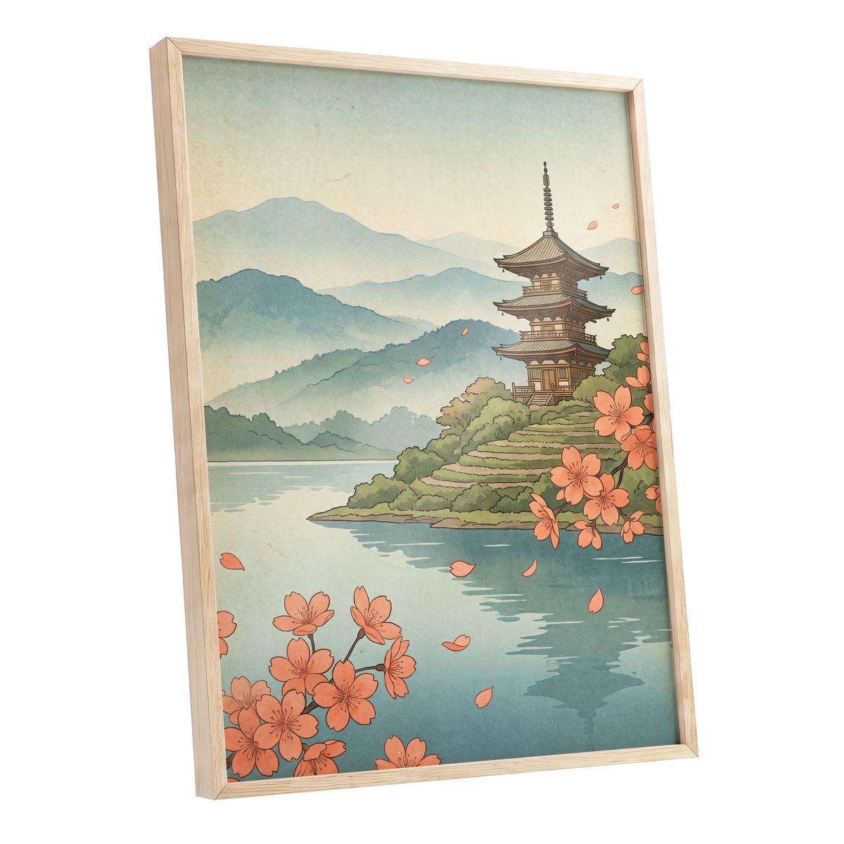 Blossom by Still Waters, blue, green, beige nature wall art shown as a oak framed poster wall art print