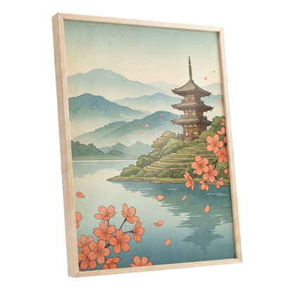 Blossom by Still Waters, blue, green, beige nature wall art shown as a oak framed poster wall art print