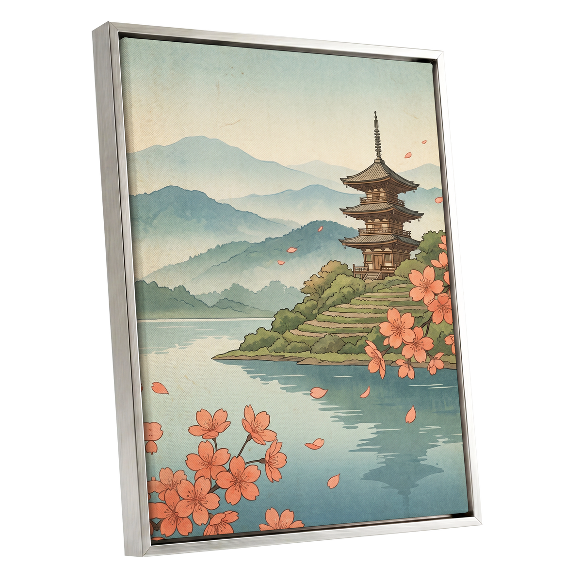Blossom by Still Waters, blue, green, beige nature wall art shown as a silver framed canvas wall art