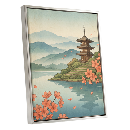 Blossom by Still Waters, blue, green, beige nature wall art shown as a silver framed canvas wall art