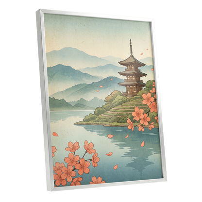 Blossom by Still Waters, blue, green, beige nature wall art shown as a silver framed poster wall art print