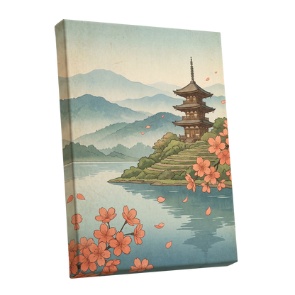 Blossom by Still Waters, blue, green, beige nature wall art shown as a stretched canvas wall art