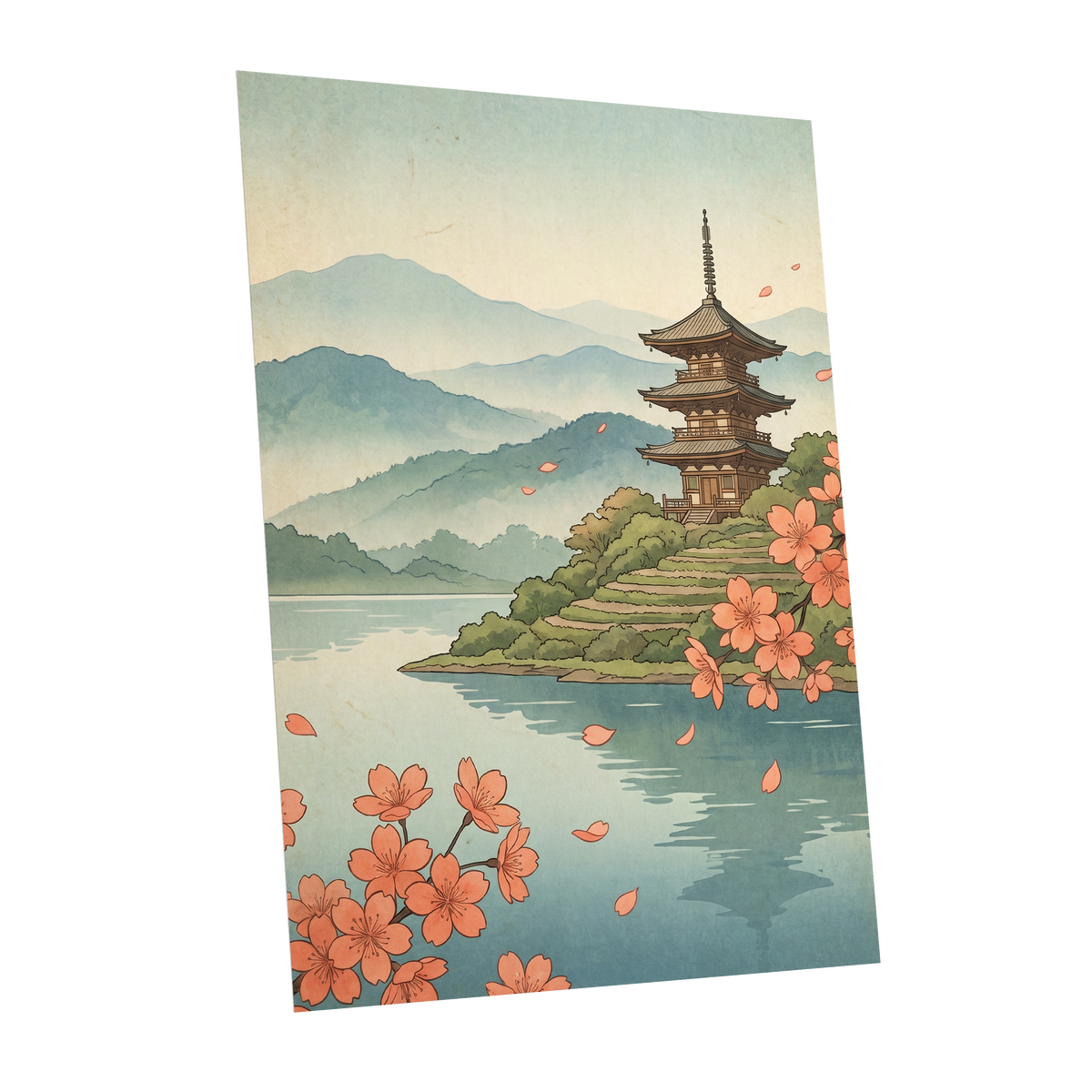 Blossom by Still Waters, blue, green, beige nature wall art shown as a unframed poster wall art print