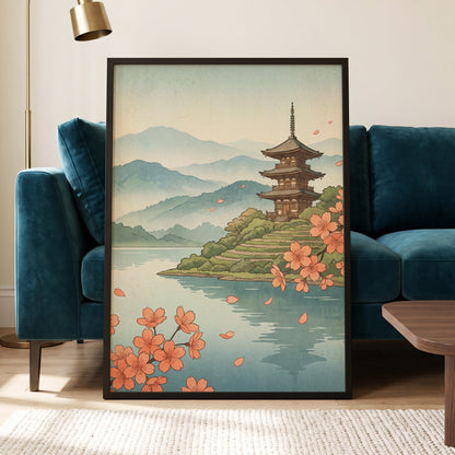 Blossom by Still Waters, blue, green, beige nature wall art displayed in a styled interior, gallery view 2