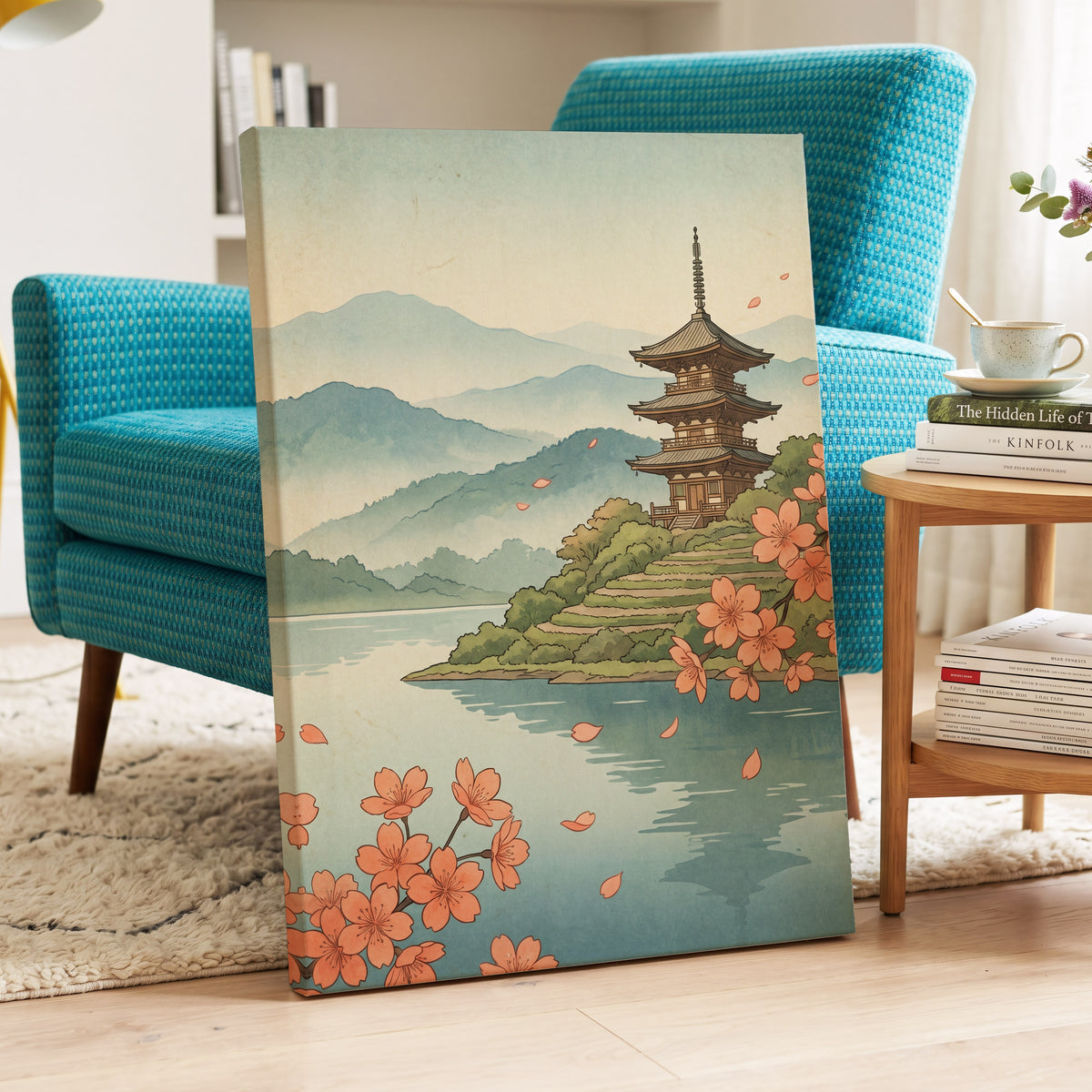 Blossom by Still Waters, blue, green, beige nature wall art displayed in a styled interior, gallery view 3