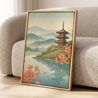 Blossom by Still Waters, blue, green, beige nature wall art displayed in a styled interior, gallery view 4