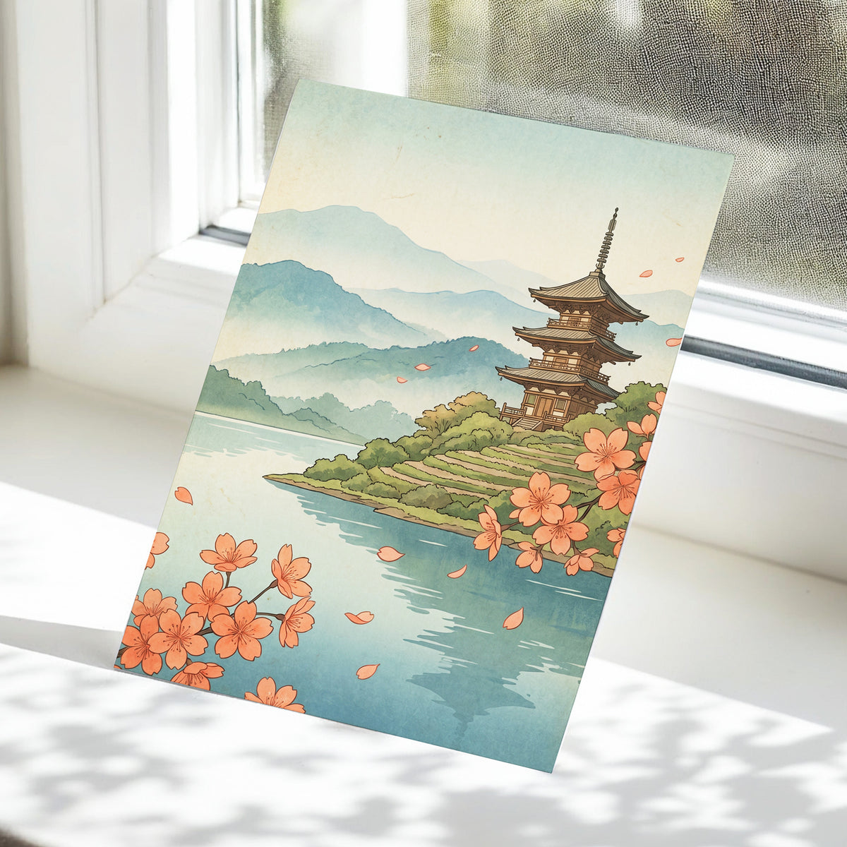 Blossom by Still Waters, blue, green, beige nature wall art displayed in a styled interior, gallery view 5