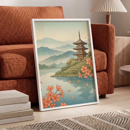 Blossom by Still Waters, blue, green, beige nature wall art displayed in a styled interior, gallery view 6