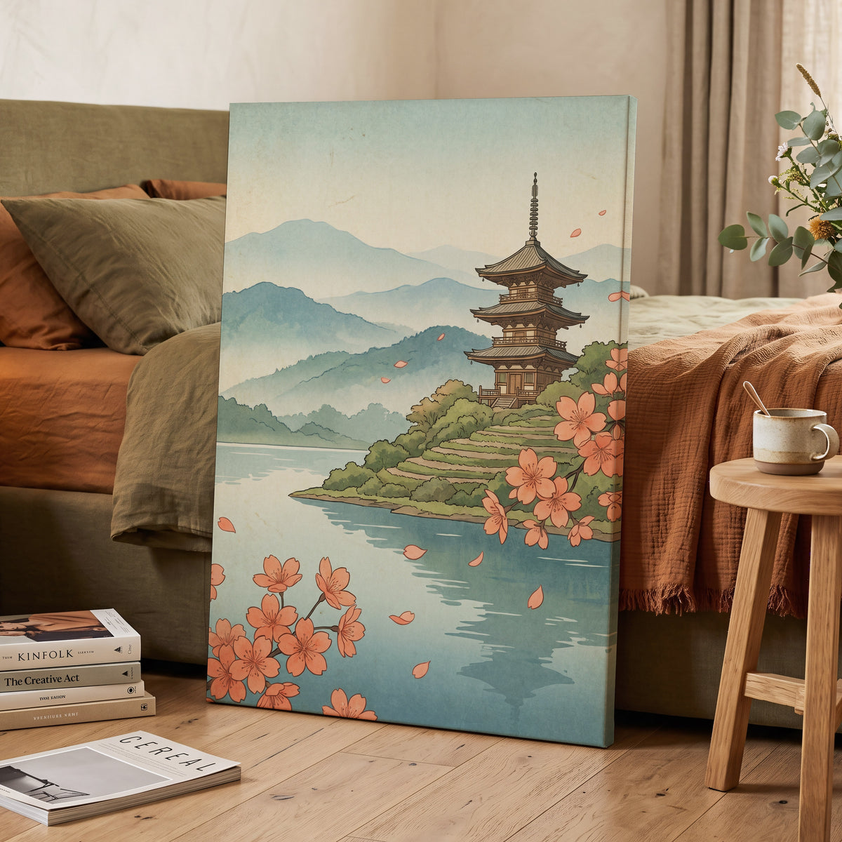 Blossom by Still Waters, blue, green, beige nature wall art displayed in a styled interior, gallery view 7