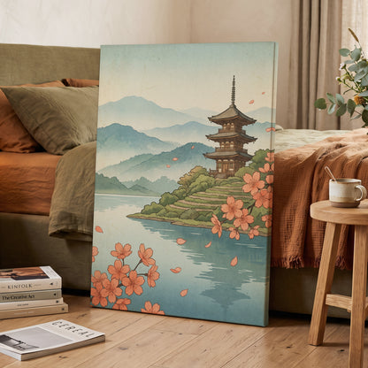 Blossom by Still Waters, blue, green, beige nature wall art displayed in a styled interior, gallery view 7