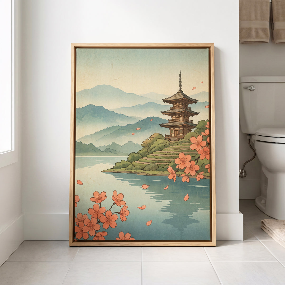 Blossom by Still Waters, blue, green, beige nature wall art displayed in a styled interior, gallery view 8