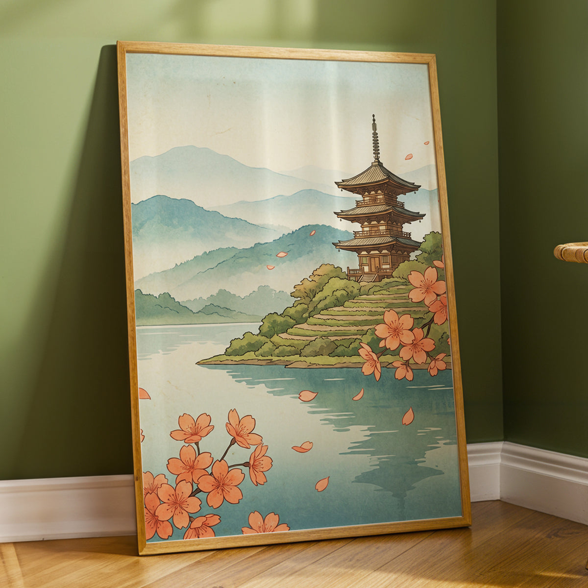 Blossom by Still Waters, blue, green, beige nature wall art displayed in a styled interior, gallery view 9