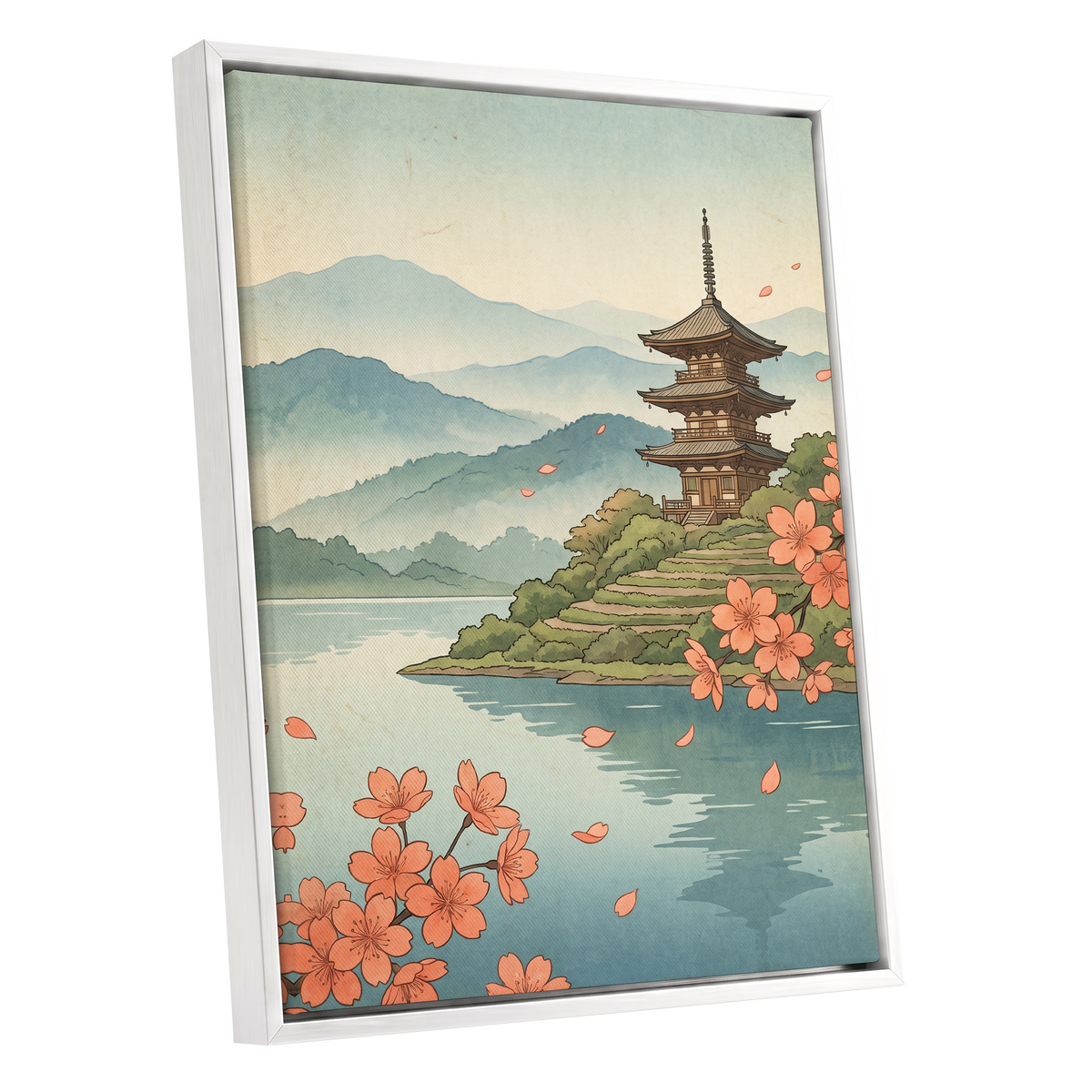 Blossom by Still Waters, blue, green, beige nature wall art shown as a white framed canvas wall art
