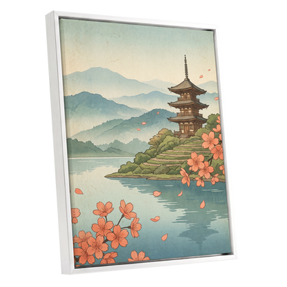 Blossom by Still Waters, blue, green, beige nature wall art shown as a white framed canvas wall art