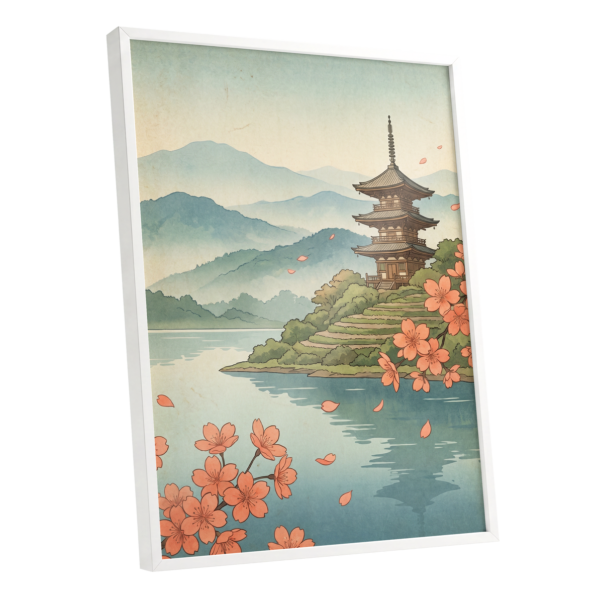 Blossom by Still Waters, blue, green, beige nature wall art shown as a white framed poster wall art print