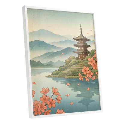 Blossom by Still Waters, blue, green, beige nature wall art shown as a white framed poster wall art print