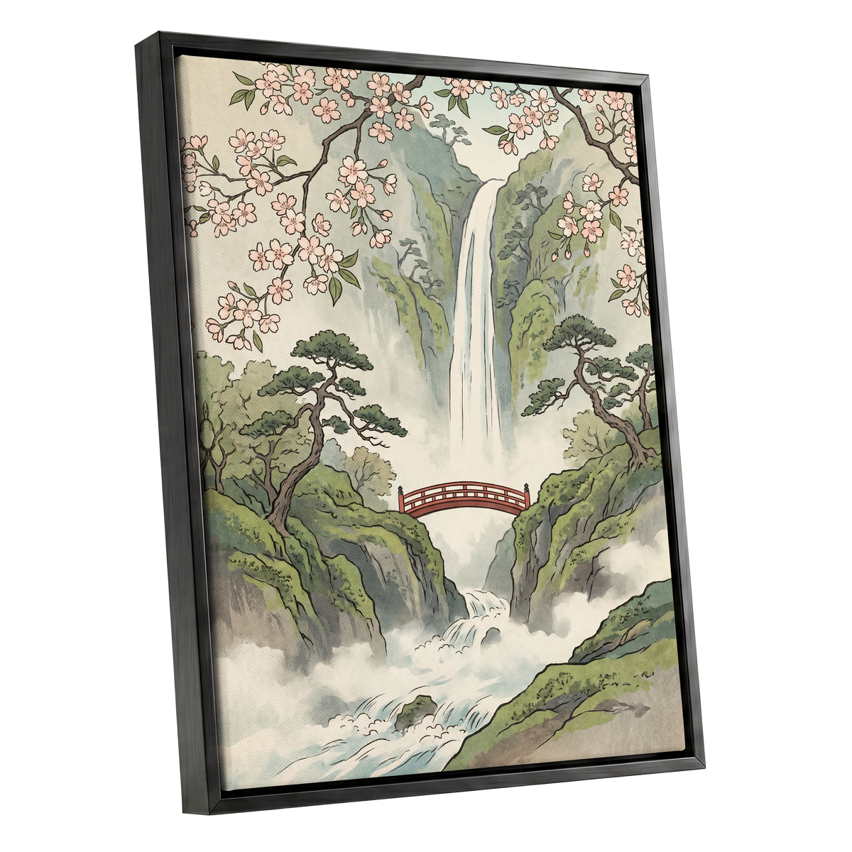 Blossom Gorge, green, beige, pink nature wall art shown as a black framed canvas wall art