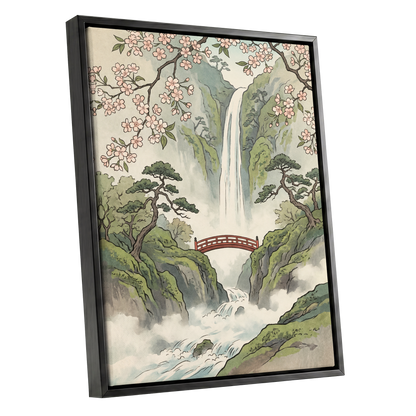 Blossom Gorge, green, beige, pink nature wall art shown as a black framed canvas wall art