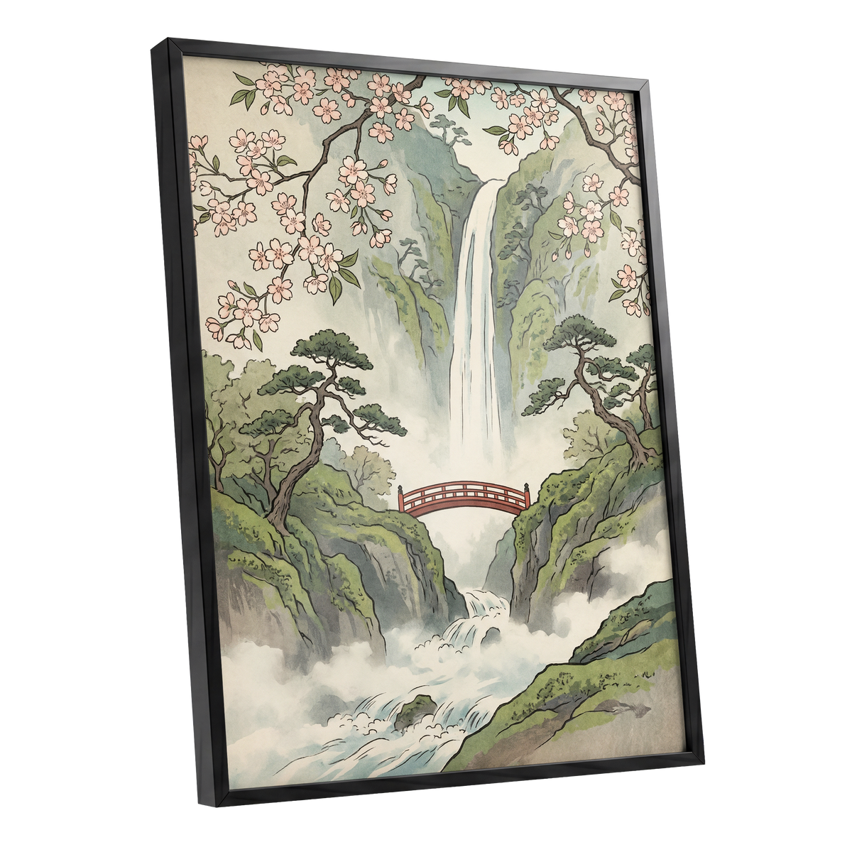 Blossom Gorge, green, beige, pink nature wall art shown as a black framed poster wall art print