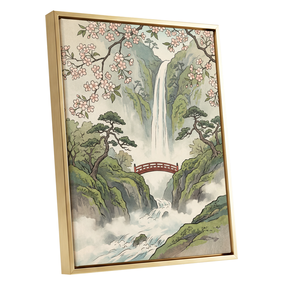 Blossom Gorge, green, beige, pink nature wall art shown as a gold framed canvas wall art