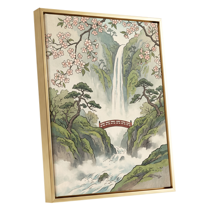 Blossom Gorge, green, beige, pink nature wall art shown as a gold framed canvas wall art