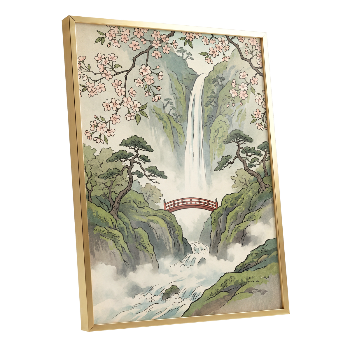 Blossom Gorge, green, beige, pink nature wall art shown as a gold framed poster wall art print