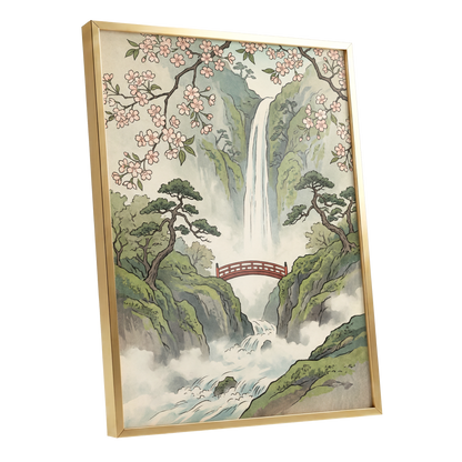 Blossom Gorge, green, beige, pink nature wall art shown as a gold framed poster wall art print