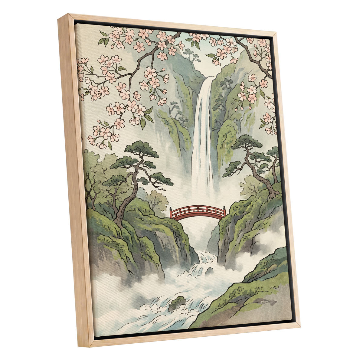 Blossom Gorge, green, beige, pink nature wall art shown as a oak framed canvas wall art