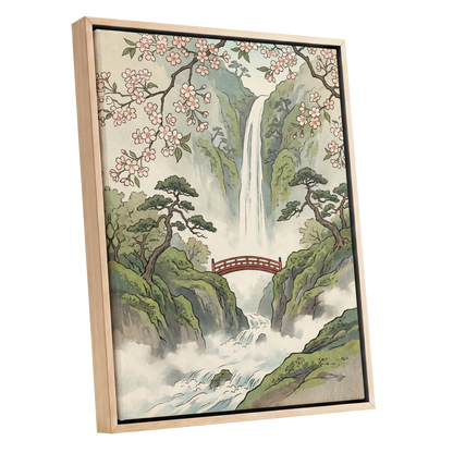 Blossom Gorge, green, beige, pink nature wall art shown as a oak framed canvas wall art