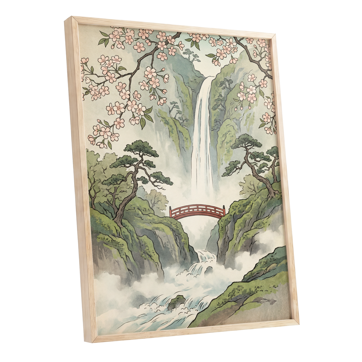 Blossom Gorge, green, beige, pink nature wall art shown as a oak framed poster wall art print