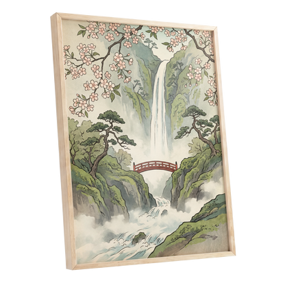Blossom Gorge, green, beige, pink nature wall art shown as a oak framed poster wall art print