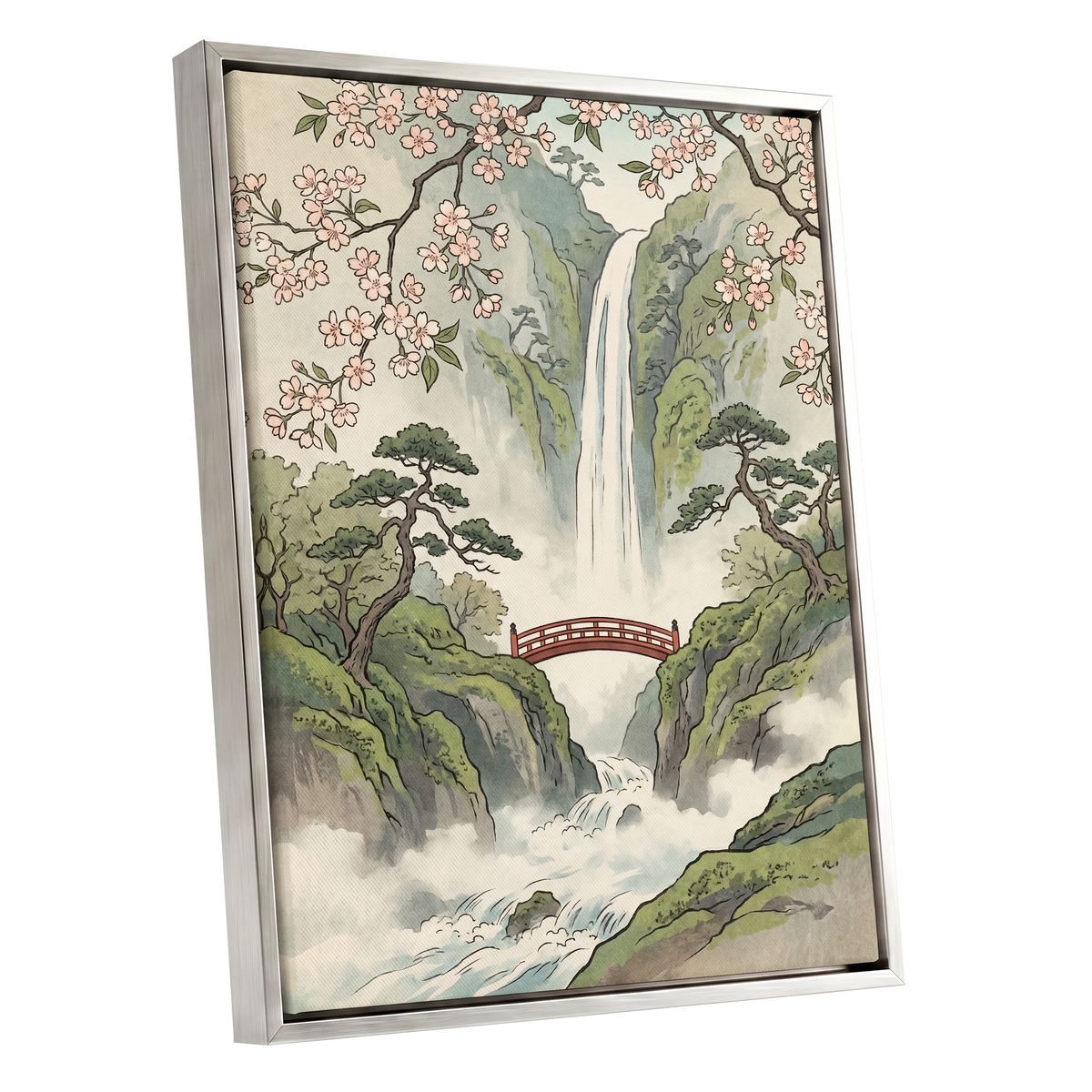 Blossom Gorge, green, beige, pink nature wall art shown as a silver framed canvas wall art