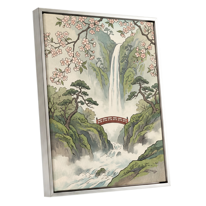 Blossom Gorge, green, beige, pink nature wall art shown as a silver framed canvas wall art