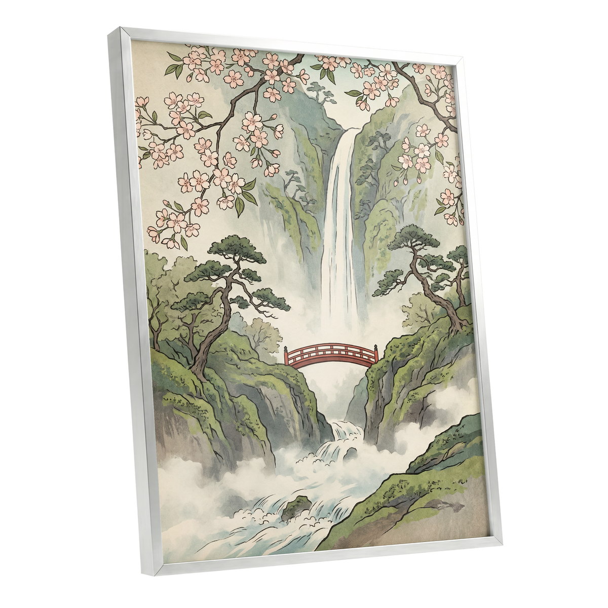 Blossom Gorge, green, beige, pink nature wall art shown as a silver framed poster wall art print