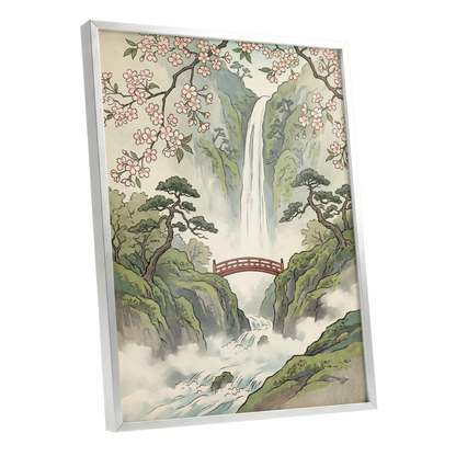 Blossom Gorge, green, beige, pink nature wall art shown as a silver framed poster wall art print