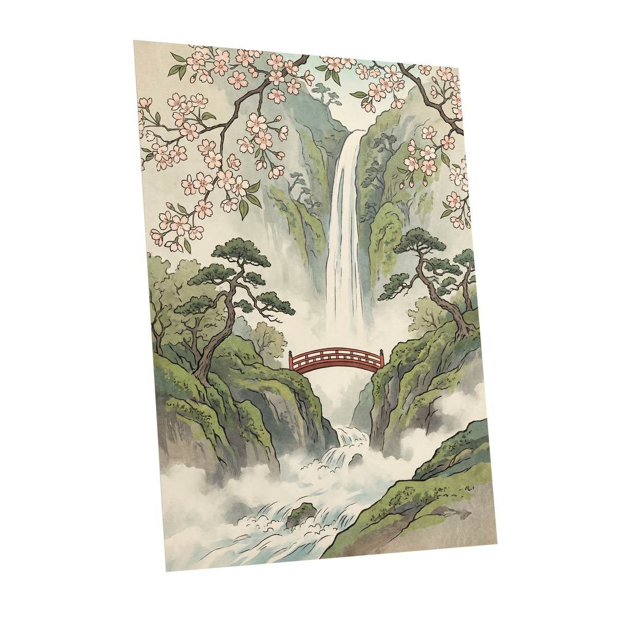 Blossom Gorge, green, beige, pink nature wall art shown as a unframed poster wall art print