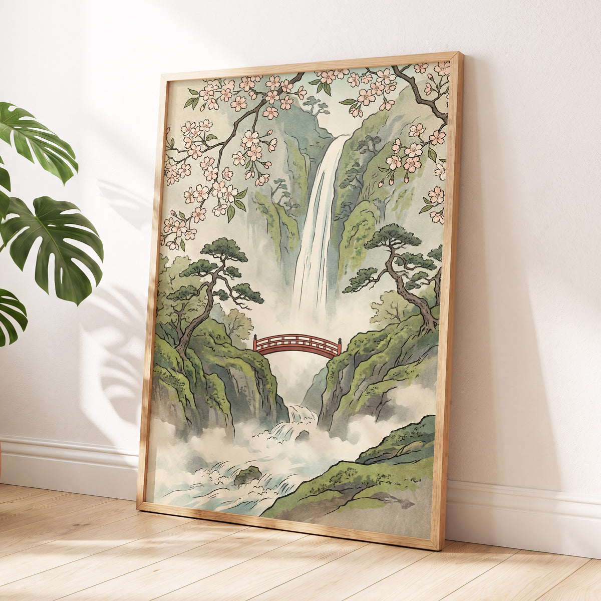 Blossom Gorge, green, beige, pink nature wall art displayed in a styled interior, gallery view 2